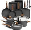 Kitchen Academy 17Pcs Induction Cookware Sets, Granite Pots and Pans Set Non Stick, Black Kitchen Cooking Pans, PFOA & PFOS Free