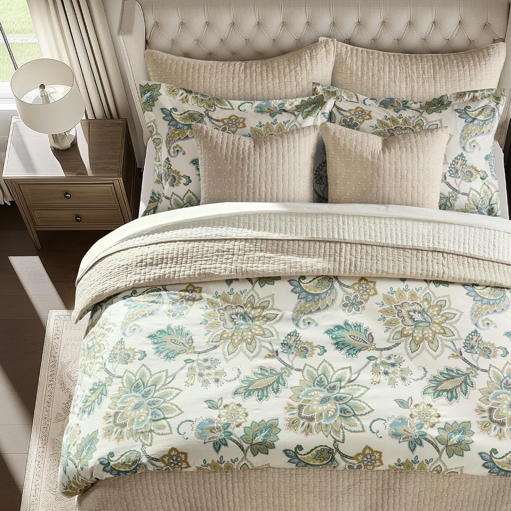 Levtex Home - Grey Palladium Duvet Set - Queen Duvet Cover (90x94in.) + Two Standard Pillow Cases (20x26in.) - Paisley - Green, Yellow, Grey, Blue and White - Cotton