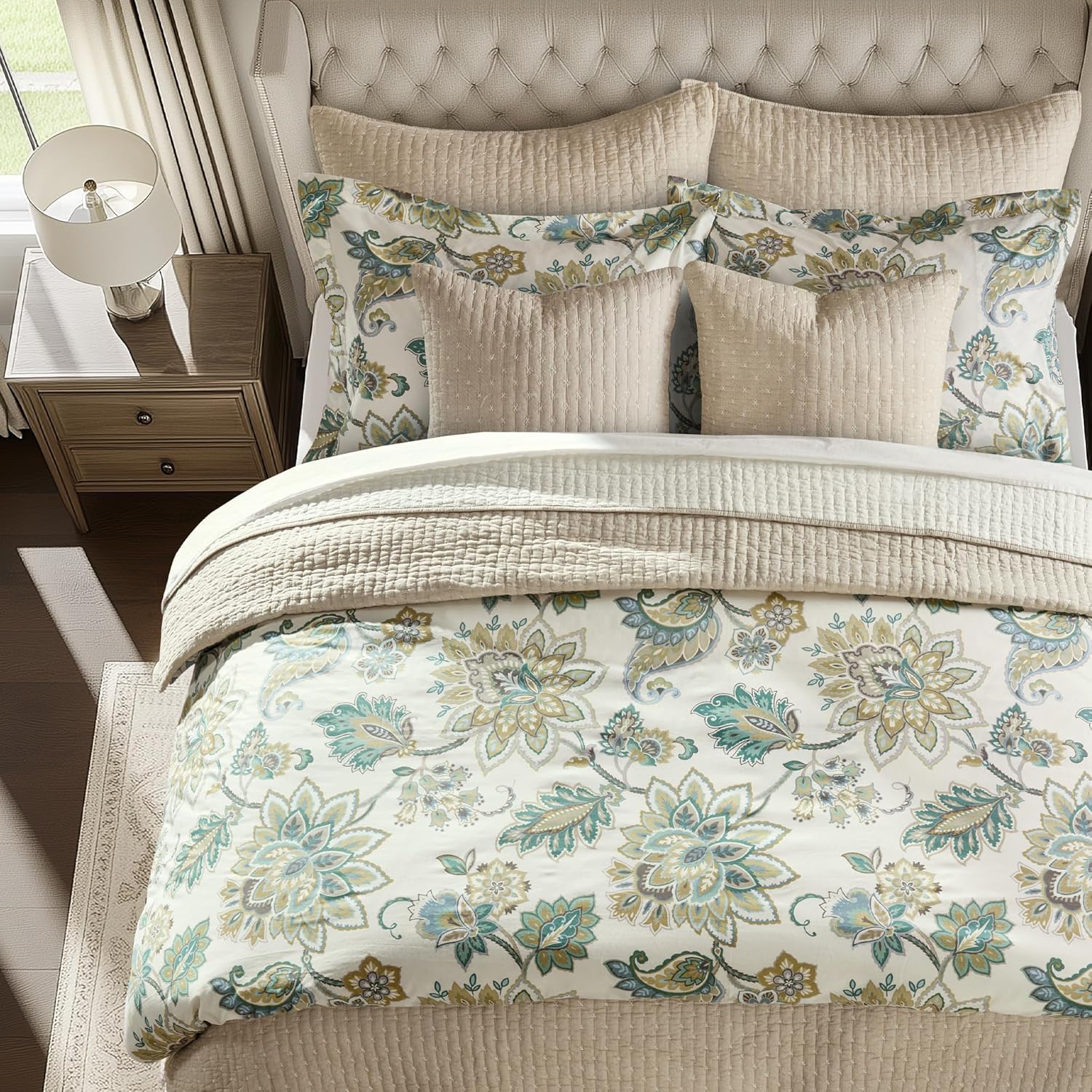 Levtex Home - Grey Palladium Duvet Set - Queen Duvet Cover (90x94in.) + Two Standard Pillow Cases (20x26in.) - Paisley - Green, Yellow, Grey, Blue and White - Cotton