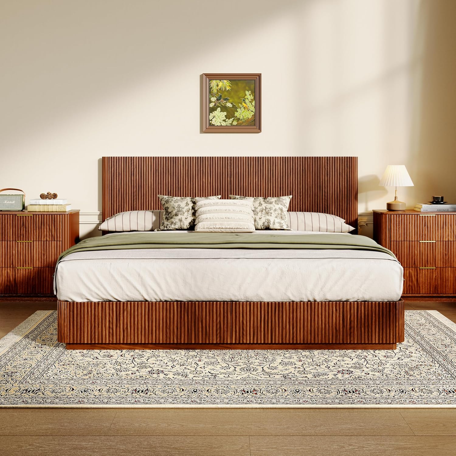 ivoros Mid Century Modern Bed Frame King Size, Fluted Platform Bed Frame with Headboard, Wood and Steel Platform Beds with LED Lights, Heavy Metal Frame Support, No Box Spring Needed, Walnut