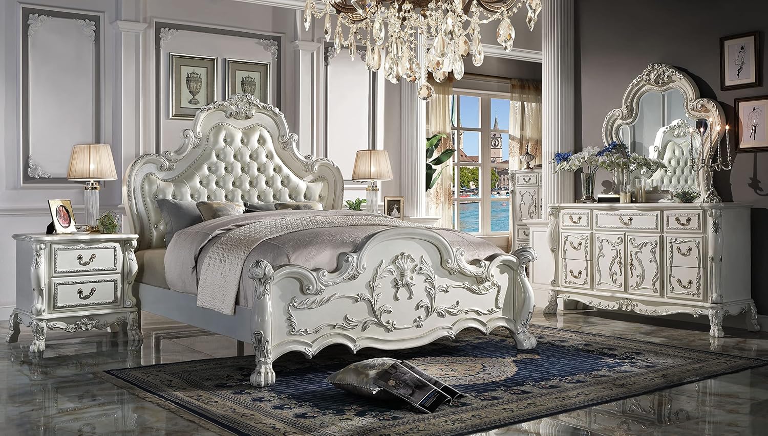 Acme Dresden Wooden Bed with Faux Leather Upholstery in Bone White