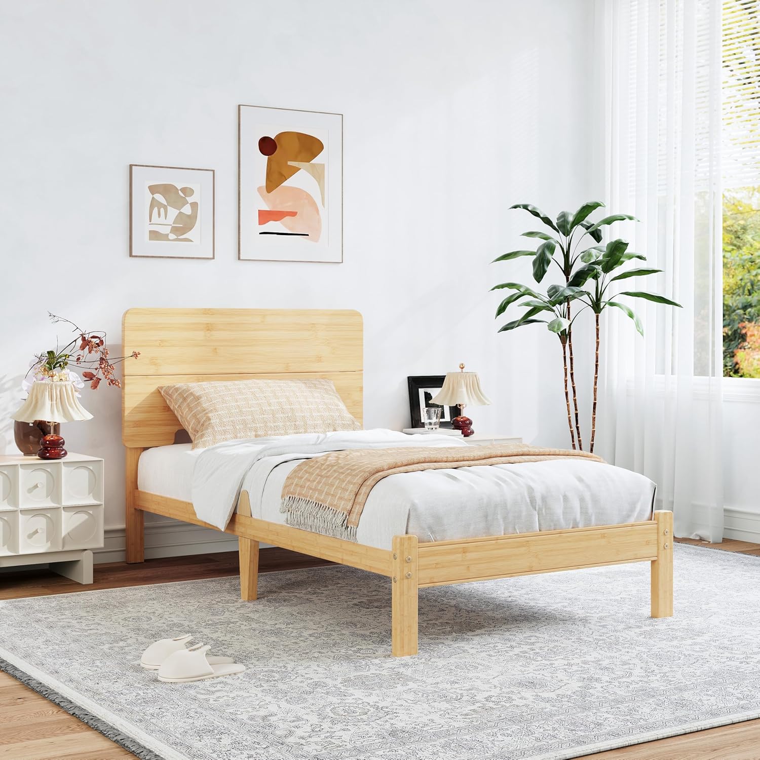 BOSRII 12in High Solid Bamboo Wood Platform Twin Size Bed Frame with Headboard, Reinforced Heavy Duty Metal Slats, Noise Free, No Box Spring Needed, Easy Assembly