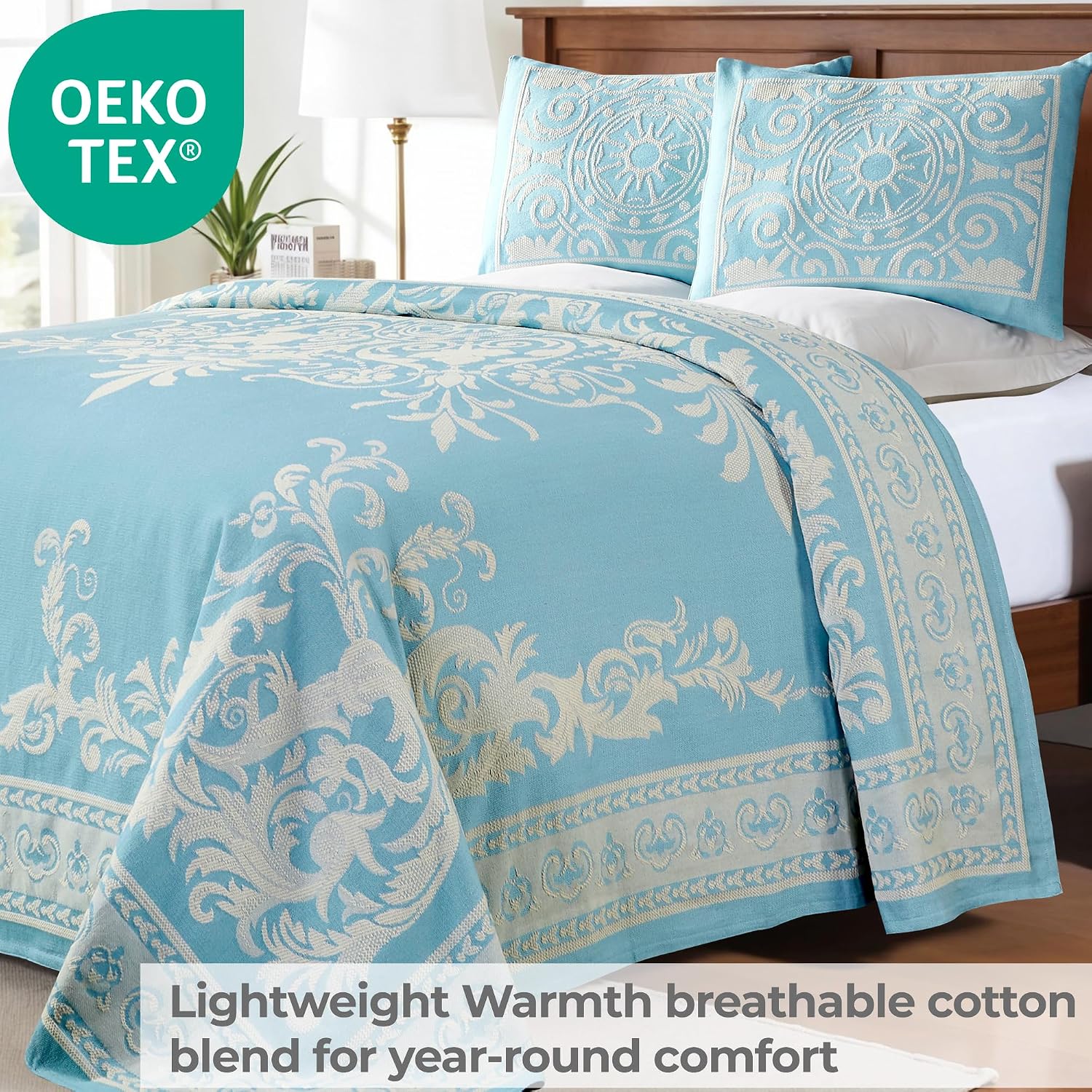 Superior Cotton Blend 3-Piece Bedspread Set, Tailored Bedspread Drape, 2 Matching Pillow Shams, Lightweight Blanket, Jacquard Traditional Medallion Bedding Decor, Adalie Collection, King, Aqua