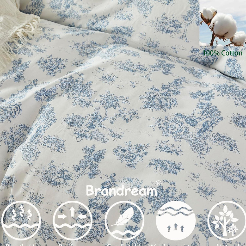 Brandream French Country Garden Toile Floral Duvet Quilt Cover King Size 100% Cotton Bedding Set Toile Tapestry Pattern Blossom Tree Branches Delicate Ruffle Fringe Design