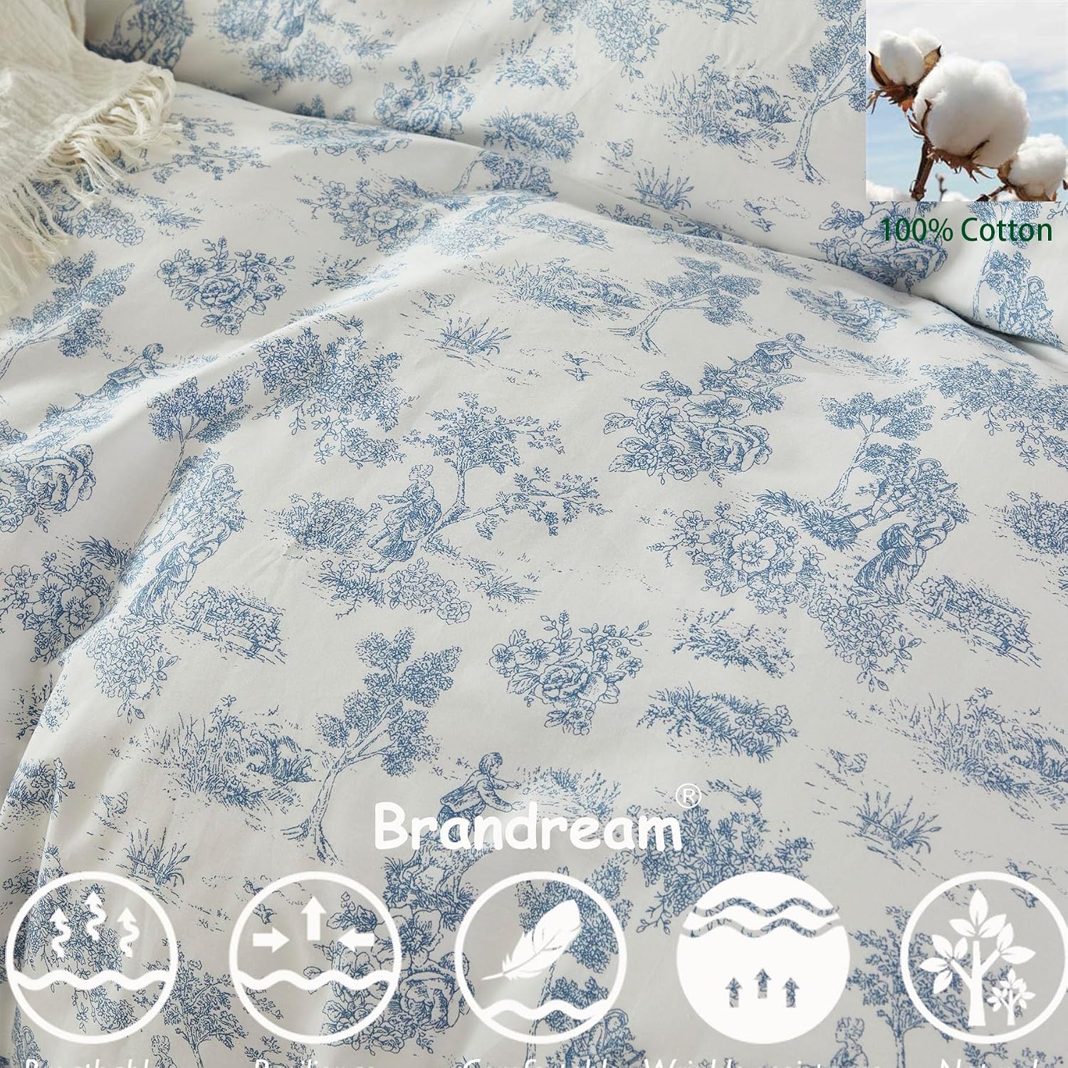 Brandream French Country Garden Toile Floral Duvet Quilt Cover King Size 100% Cotton Bedding Set Toile Tapestry Pattern Blossom Tree Branches Delicate Ruffle Fringe Design