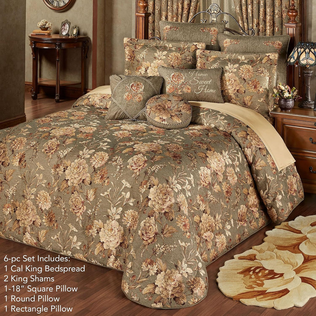 Rhapsody Floral Luxury Bedding | 6 Piece Oversized Bedspread Set: Cal King Bedspread, 2 King Shams, Round Pillow, 18' Square Pillow, Rectangle Pillow | Sophisticated | Flower | Woven | Traditional