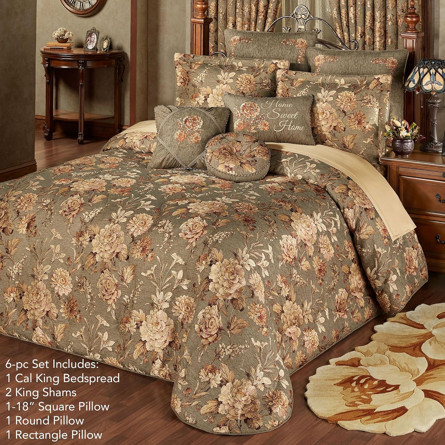 Rhapsody Floral Luxury Bedding | 6 Piece Oversized Bedspread Set: Cal King Bedspread, 2 King Shams, Round Pillow, 18' Square Pillow, Rectangle Pillow | Sophisticated | Flower | Woven | Traditional