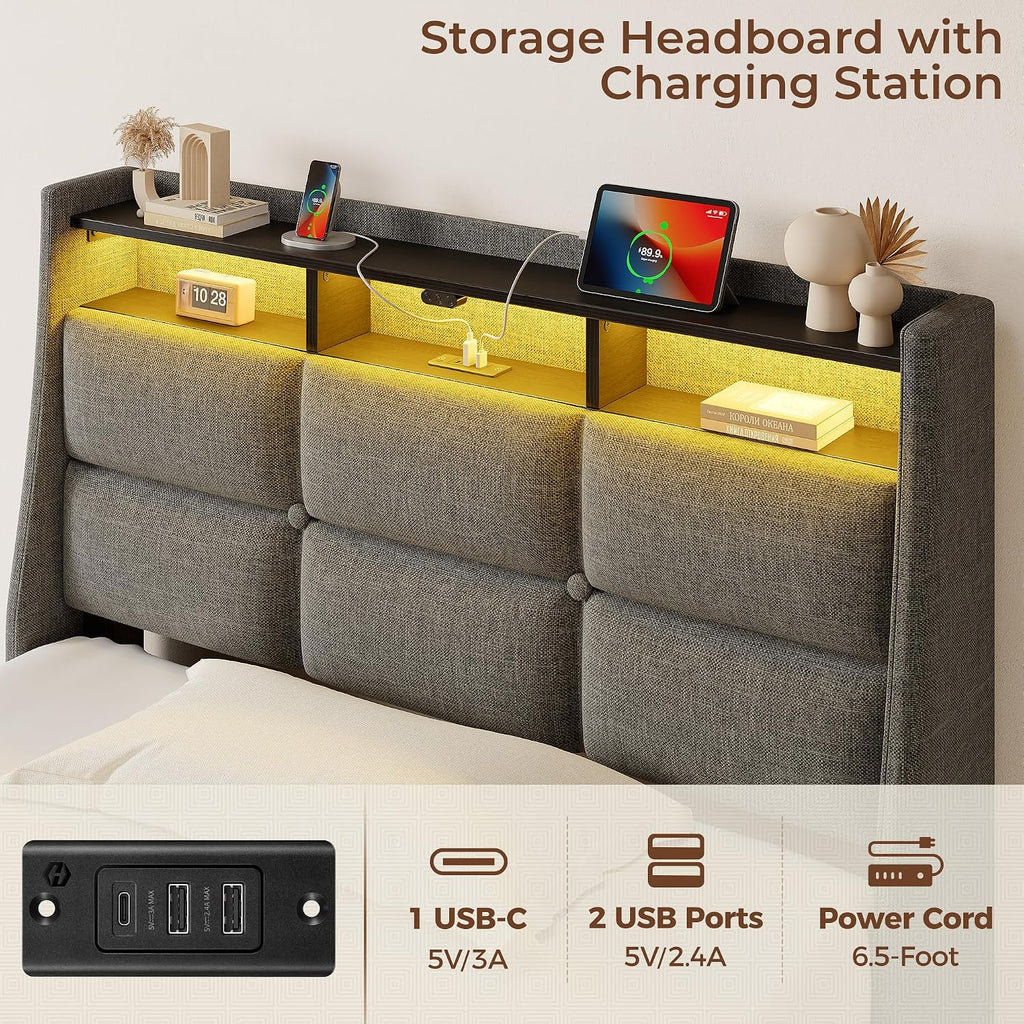 Rolanstar Twin Size Bed Frame with RGB LED Lights & Charging Station, Upholstered Storage Headboard with 4 Drawers, Heavy Duty Metal Frame, No Box Spring Needed, Easy Assembly, Light Grey