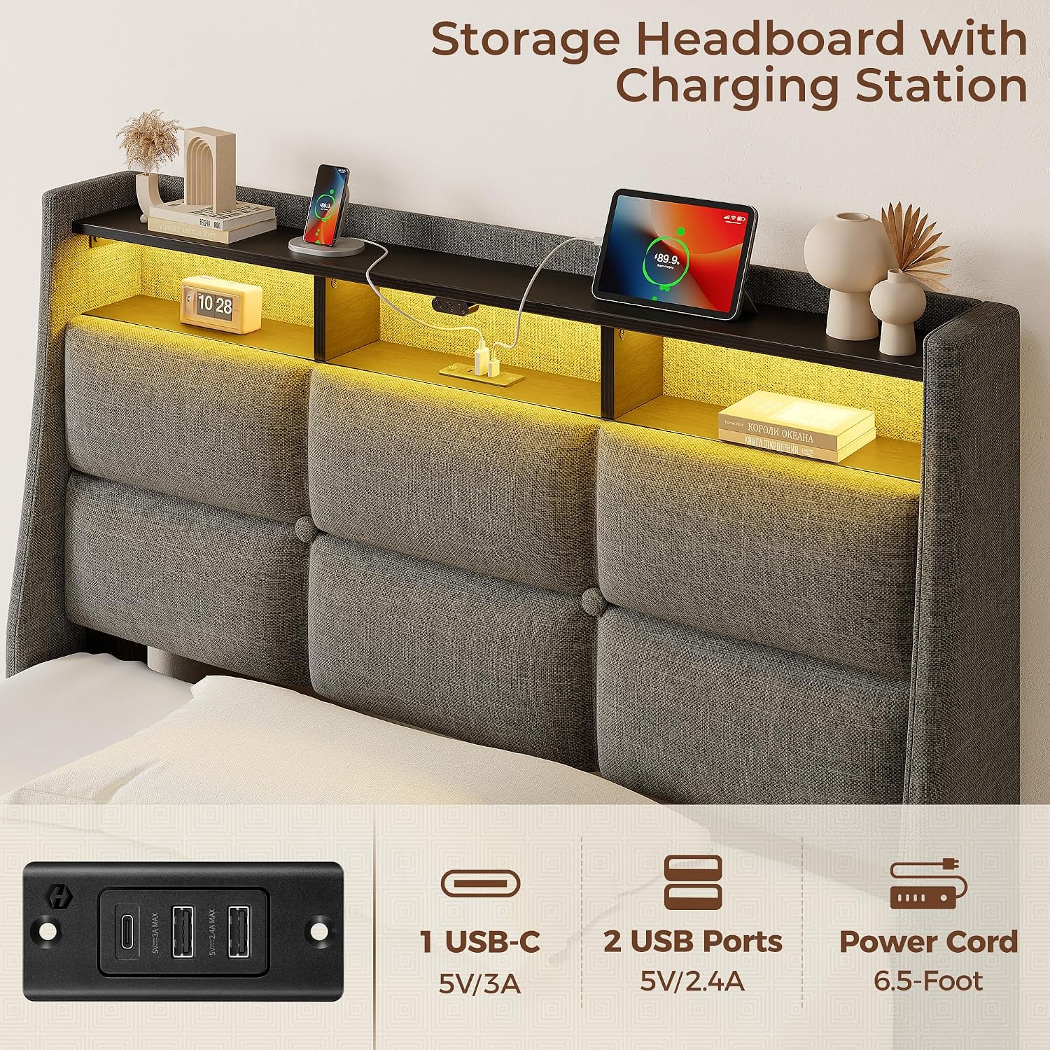 Rolanstar Twin Size Bed Frame with RGB LED Lights & Charging Station, Upholstered Storage Headboard with 4 Drawers, Heavy Duty Metal Frame, No Box Spring Needed, Easy Assembly, Light Grey