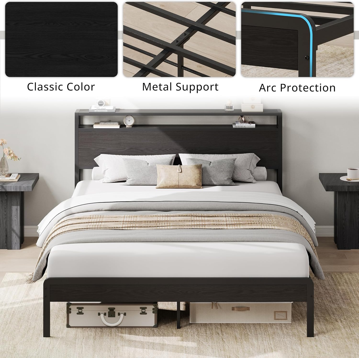 LIKIMIO Full Bed Frame with Headboard, Dark Wood Camas Full with Strong Supports, Sturdy, Noise-Free, No Box Spring Needed, Classic Black