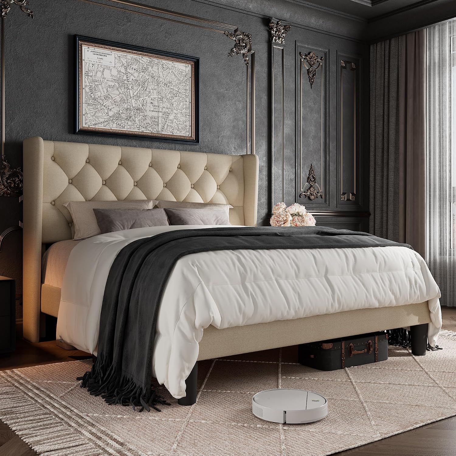 GalnFu Full Size Bed Frame with Button Tufted Headboard, Upholstered Platform Bed Frame with UnderBed Storage, Wooden Slats Supports, Noise Free, No Box Spring Needed, Easy Assembly, Beige