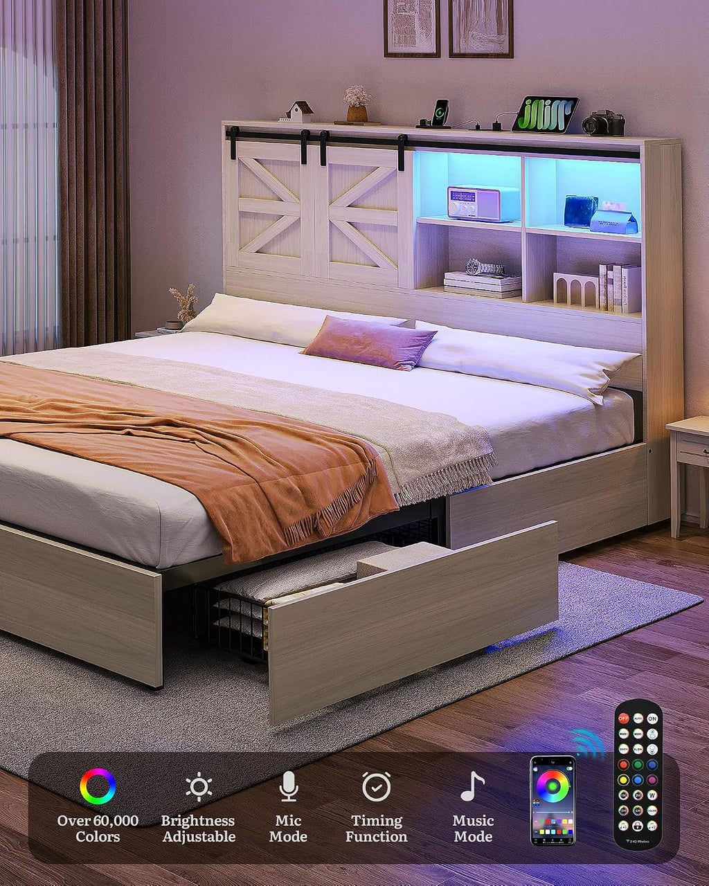 DWVO Farmhouse King Size Bed with 50' Tall Storage Bookcase Headboard, Sliding Barn Door, 4 Storage Drawers, RGB LED Bed Frame w/Type-C&USB Charging Station, No Box Spring Needed, Antique White