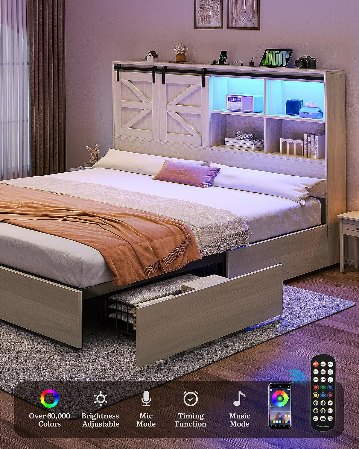 DWVO Farmhouse King Size Bed with 50' Tall Storage Bookcase Headboard, Sliding Barn Door, 4 Storage Drawers, RGB LED Bed Frame w/Type-C&USB Charging Station, No Box Spring Needed, Antique White