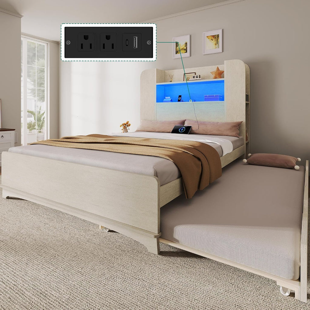 YITAHOME Bed with Trundle, Twin Size Bed Frame with Bookcase Daybed Storage Headboard and Charging Station, RGB LED Lights Bed with Wooden Support for Bedroom, No Box Spring Needed, Noise Free, White