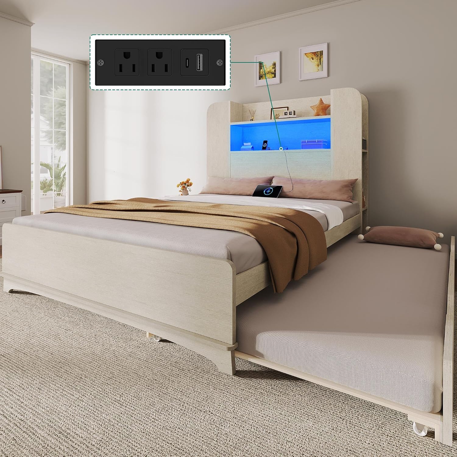 YITAHOME Bed with Trundle, Twin Size Bed Frame with Bookcase Daybed Storage Headboard and Charging Station, RGB LED Lights Bed with Wooden Support for Bedroom, No Box Spring Needed, Noise Free, White