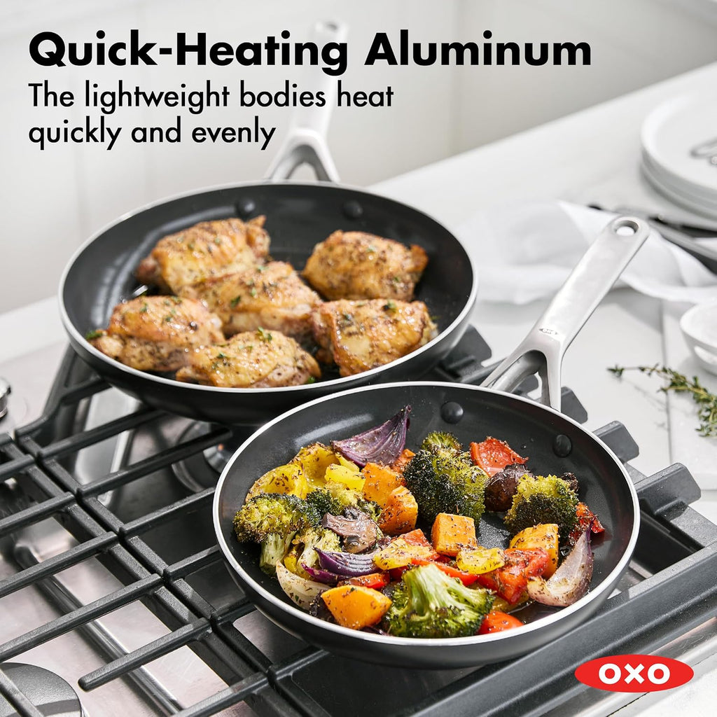 OXO Agility Series 12 Piece Cookware Pots and Pans Set, Ceramic Nonstick PFAS-Free, Induction, Skillets,Saucepans,Lids,Even Heating,Stainless Steel Handles,Chip-Free Rims,Dishwasher & Oven Safe,Black