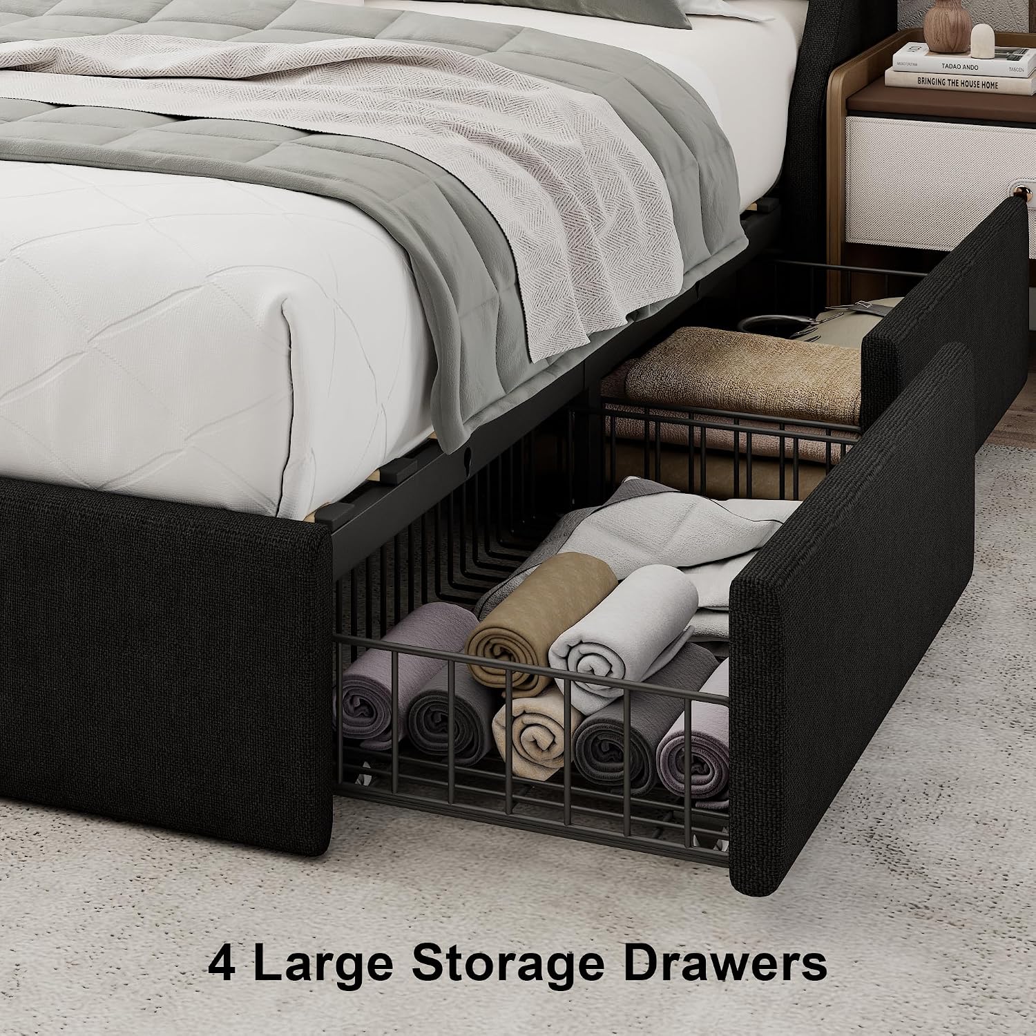 Einhomn Upholstered Full Size Bed Frame with 4 Storage Drawers, Platform Bed with Large Wingback Headboard, Charging Station, No Box Spring Needed, Easy Assembly, Black