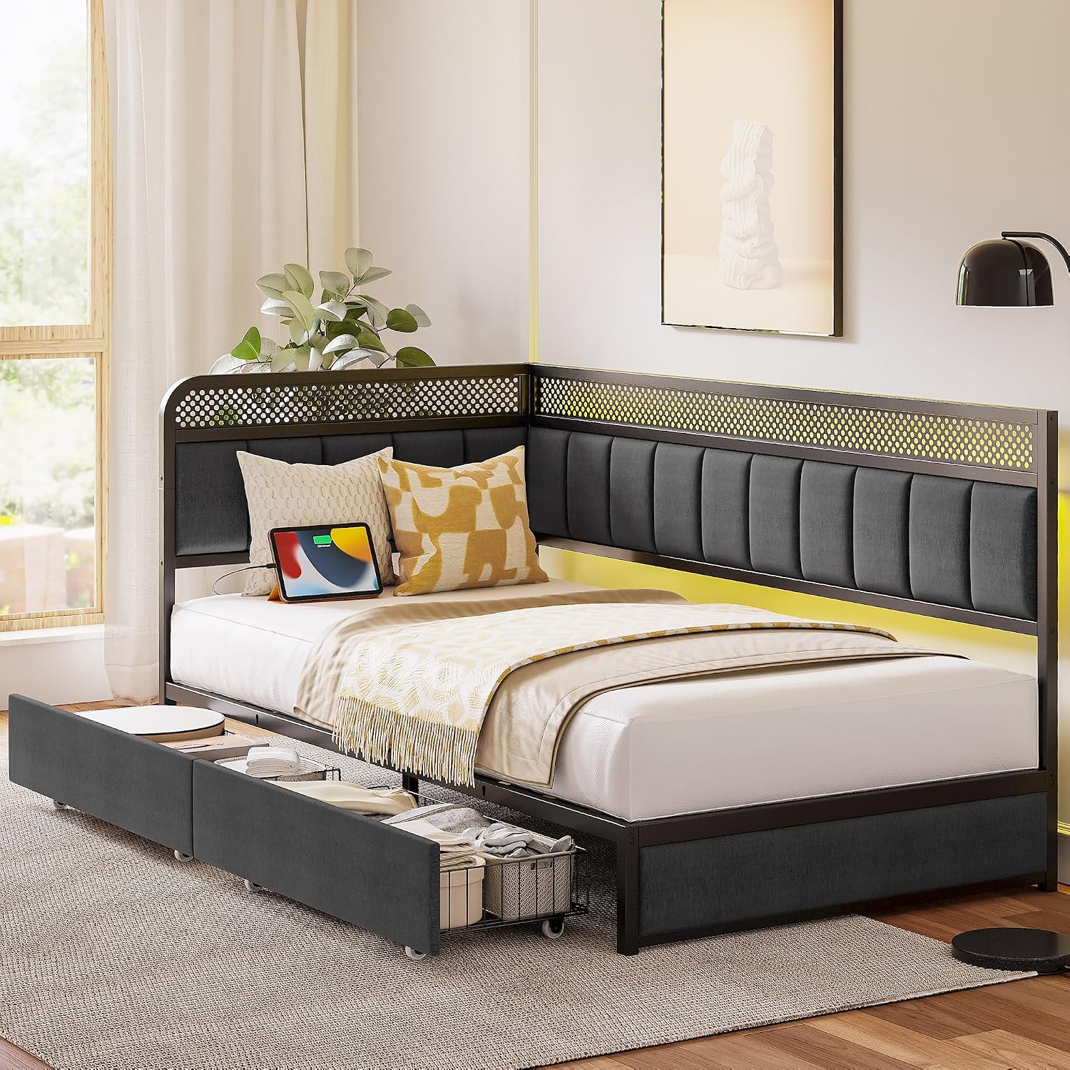 LIKIMIO Twin Corner Bed Frame with Storage Drawers and Charging Station, Modern Twin Daybed with LED Lights and Upholstered Guardrail, Gray