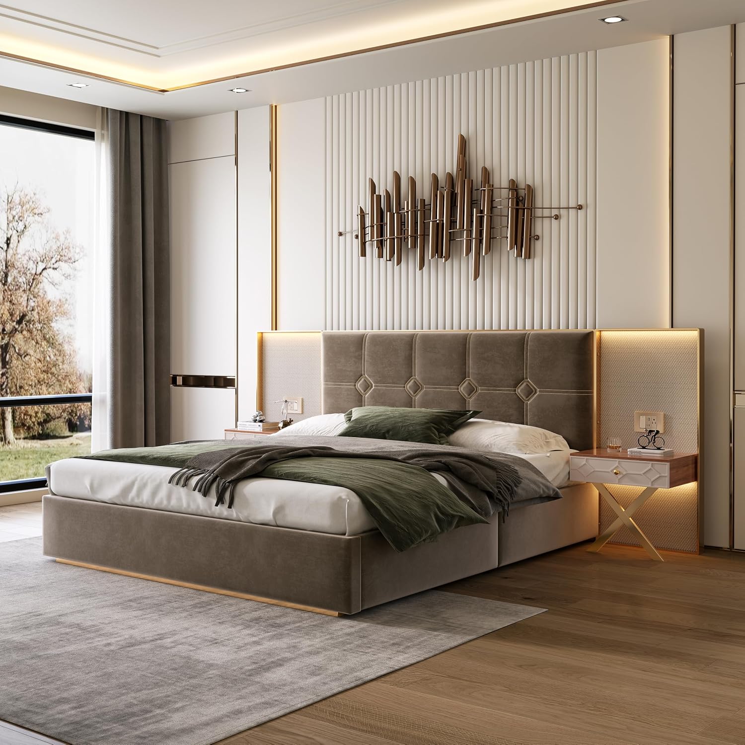 Luxurious King Platform Bed Frame with Metal Frame Headboard, Modern Velvet Upholstered Platform Bed with 2 Built-in Wall Lamps and Bedside Table for Bedroom Guestroom, Coffee