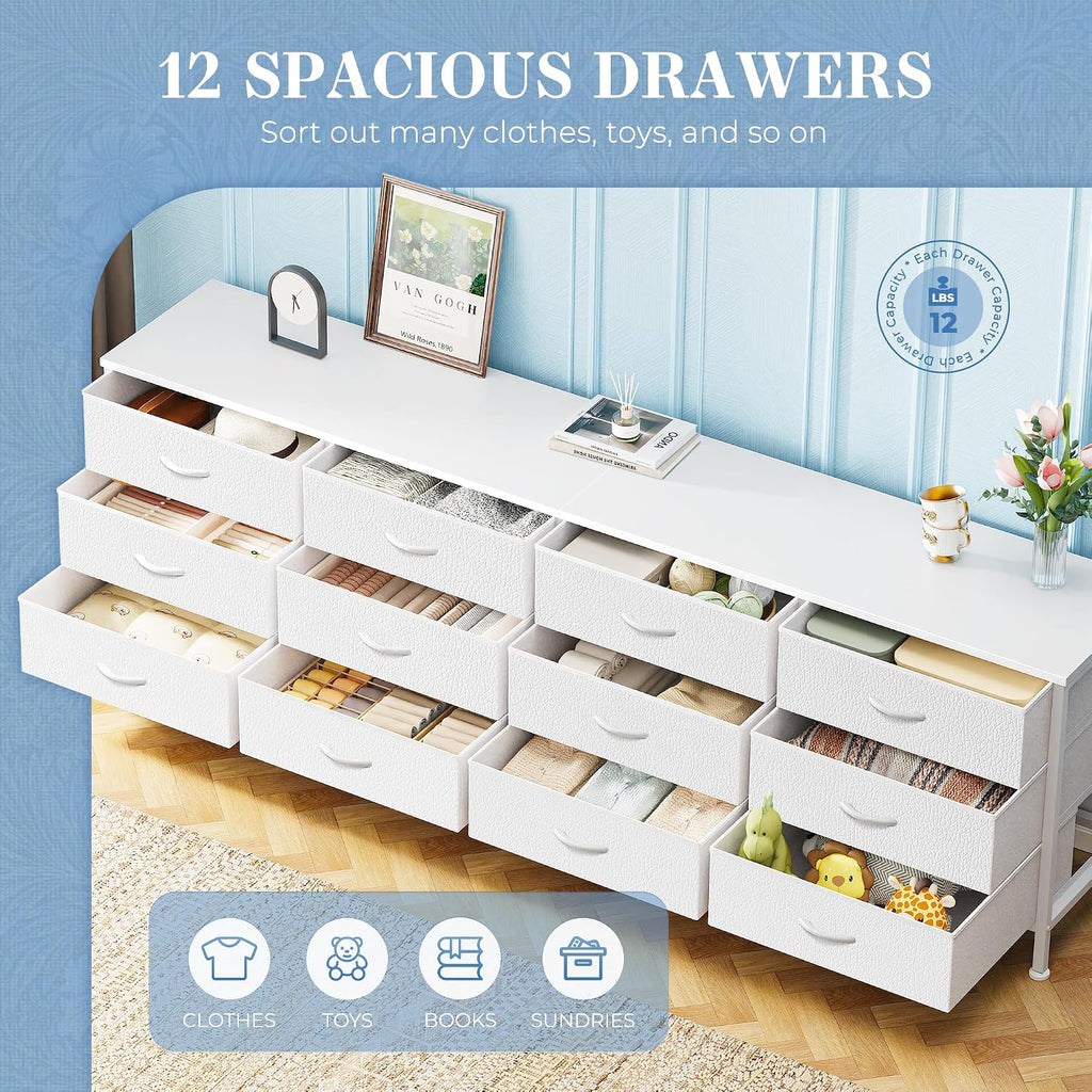 Huuger 70 Inch Dresser for Bedroom, TV Stand for 65, 75, 80 Inch TV, 12 Fabric Drawer Long Dresser, Large Storage Organizer Unit, Wide Chest of Drawer with Storage, for Living Room, White