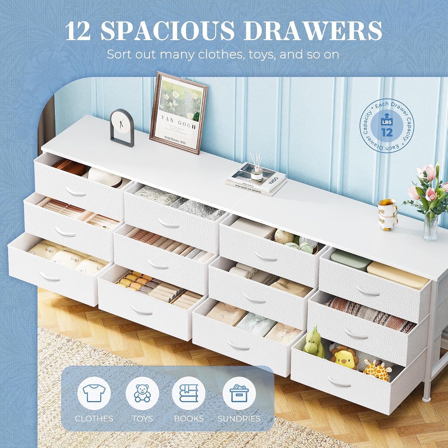 Huuger 70 Inch Dresser for Bedroom, TV Stand for 65, 75, 80 Inch TV, 12 Fabric Drawer Long Dresser, Large Storage Organizer Unit, Wide Chest of Drawer with Storage, for Living Room, White