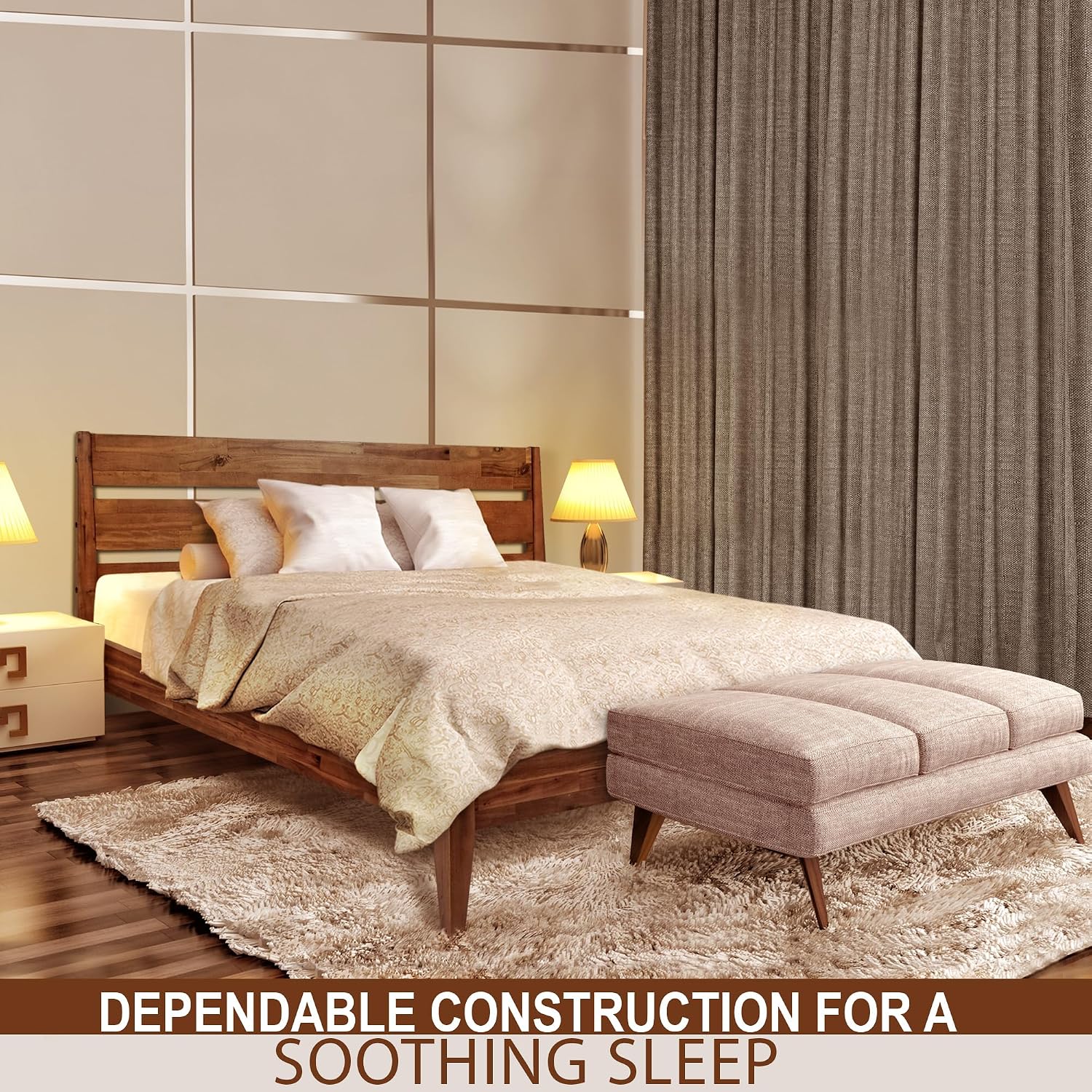 Acacia Emery Bed Frame with Headboard Solid Wood Platform Bed, Queen Size Bed Frame, Mid - Century Modern Wood Bed Compatible with All Mattresses, Easy Assembly, Non-Slip, Walnut