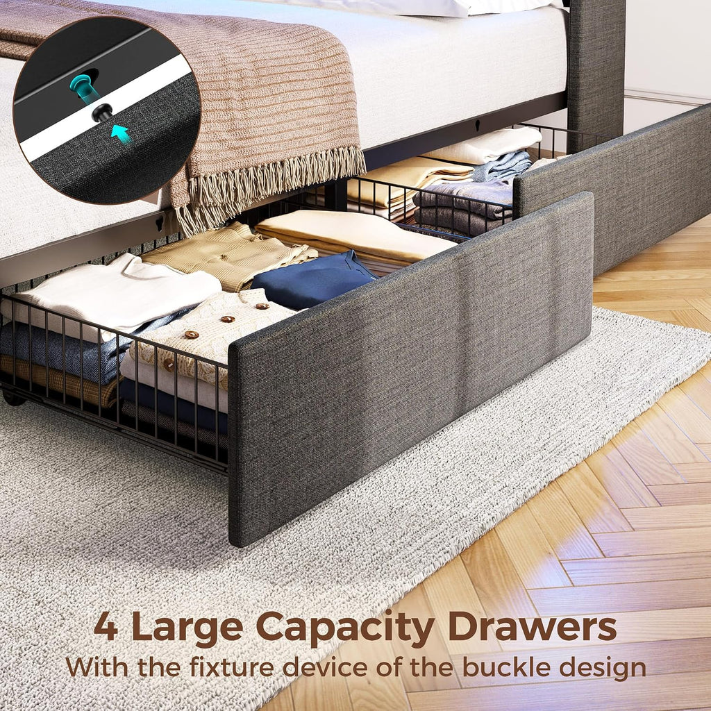 Rolanstar Queen Size Bed Frame with LED Lights and Charging Station, Upholstered Bed Storage Headboard & Drawers, Heavy Duty Wood Slats, Easy Assembly