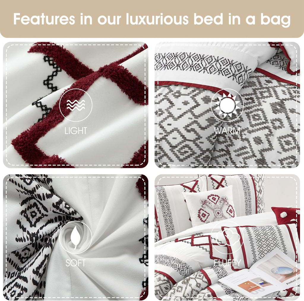 Grand Avenue White Red Comforter Set King Size, 7 Piece Terry Embroidery All Season Bedding Set, Bedskirt, Pillows & Shams