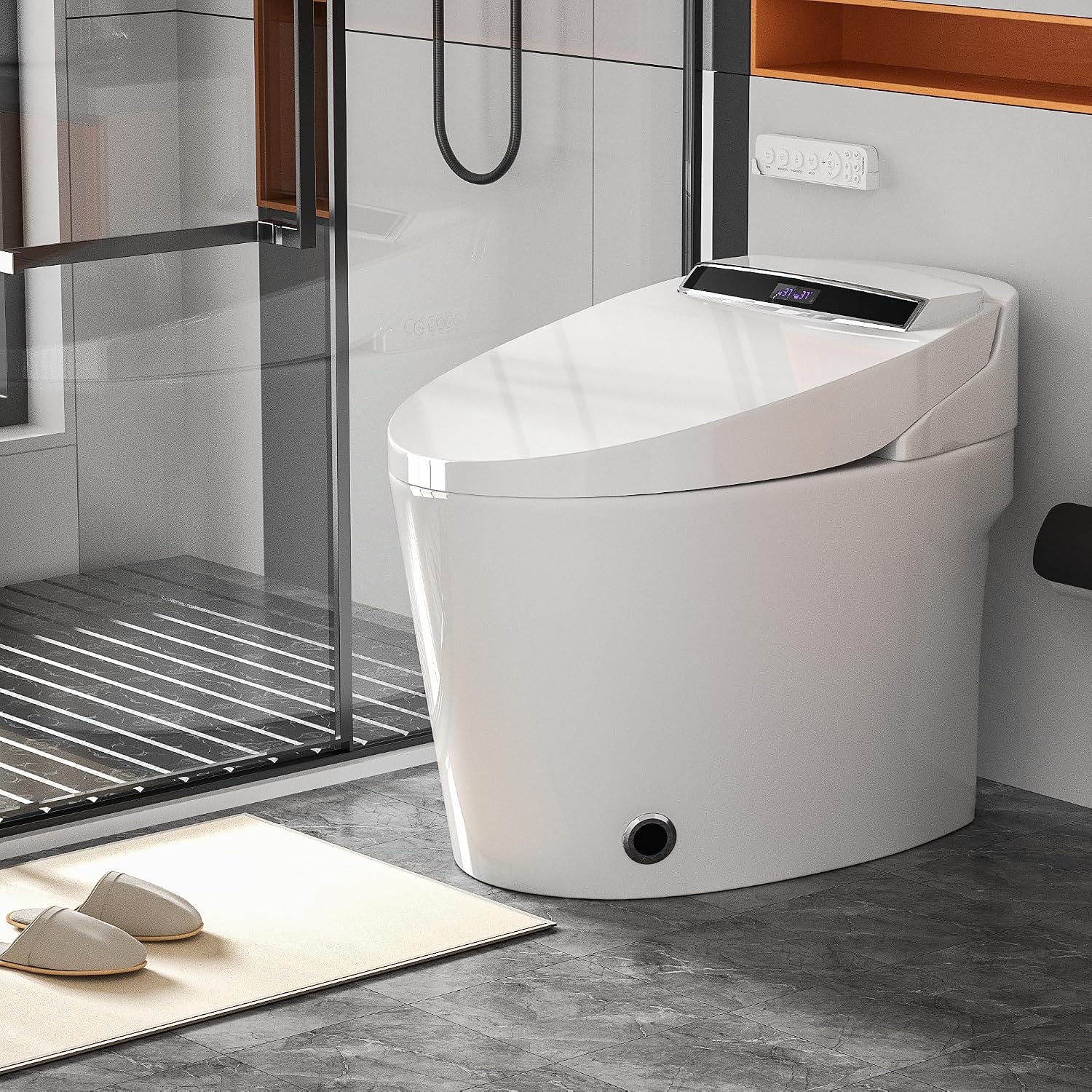 Smart Toilet, Heated Toilet Seat with Nightlight, One Piece Toilet for Bathroom, Tankless Toilets for Bathroom with Foot Sensor, LED Display, Warm Water and Dry, Remote Control