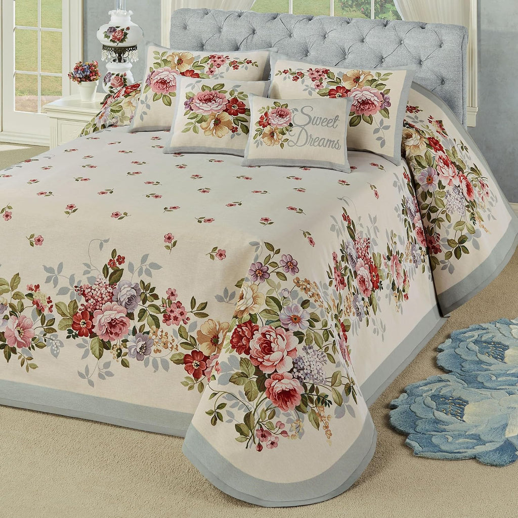 Bouquet Flower Luxury Washable Bedding | Nature | Wisteria, Golden Yellow, Rose, Garnet, Blue | Jacquard Woven | 7 Pc Bed Set: King Bedspread, 2 King Shams, Rectangle and Square Pillows with Inserts