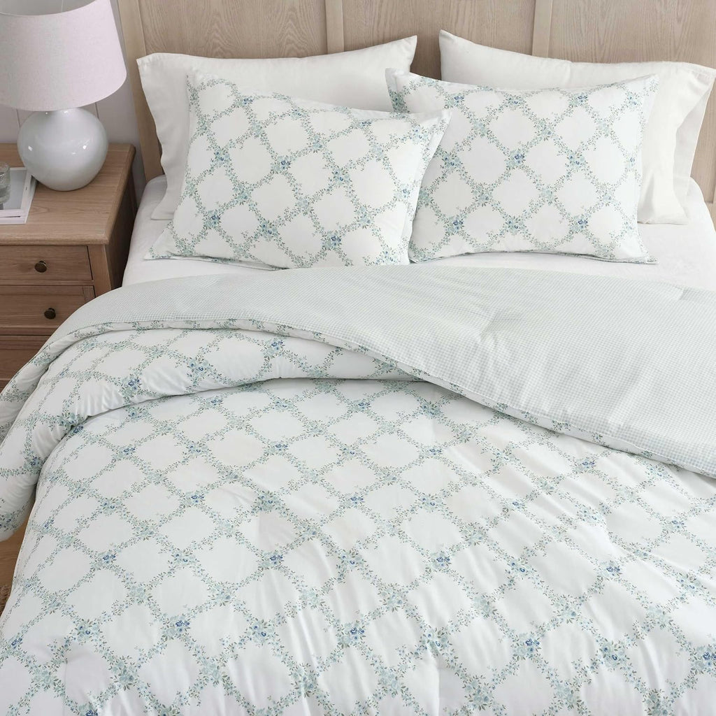 Martha Stewart - Twin/Twin XL Comforter Set, 100% Cotton Bedding with Shams, Soft and Breathable, Lightweight All-Season Comforter, Reversible Design, Romantic Trellis Blue