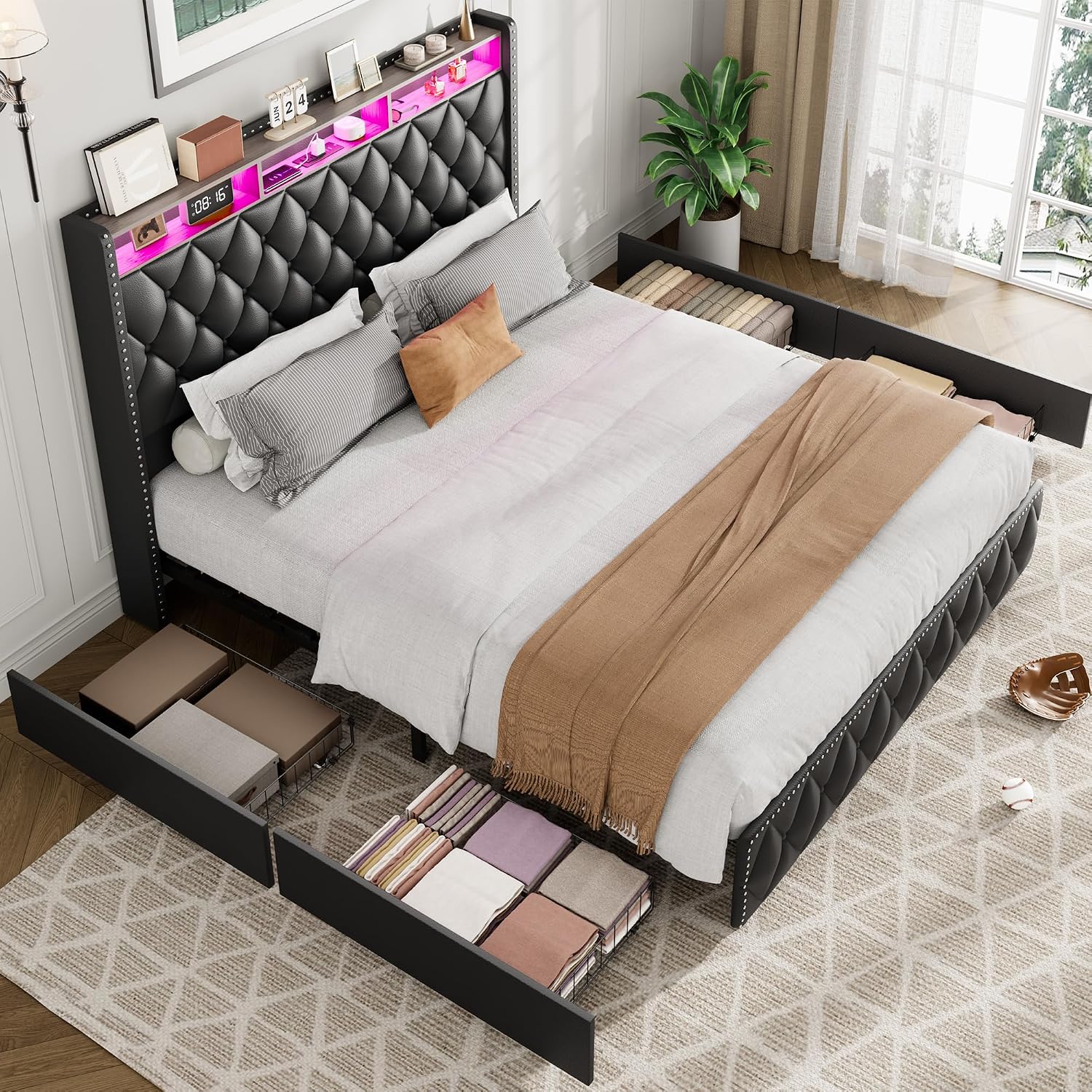GarveeHome Queen Bed Frame with 50.8 in Tall Headboard, Platform Leather Upholstered Bed Frame with 4 Storage Drawers, USB Charging Station, Led Lights, No Box Spring Needed, Easy Assembly, Black