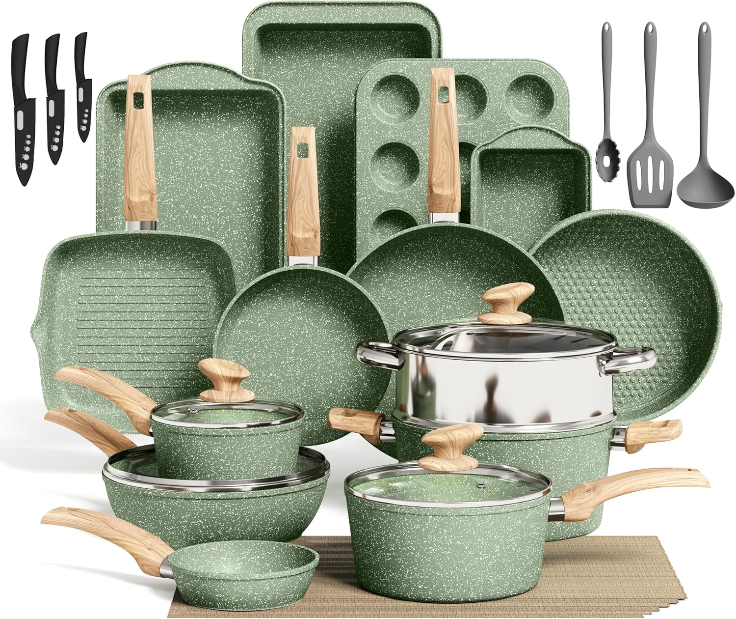 Kitchen Academy Pots and Pans Set Non Stick, 30 Pieces Induction Cookware and Bakeware, Green Granite Coating Cooking Sets