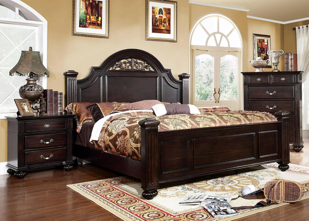 Furniture of America Malierd 3 Piece Traditional Bed Set with 2 Nightstands, Box Spring Required for Bedroom, King, Dark Walnut