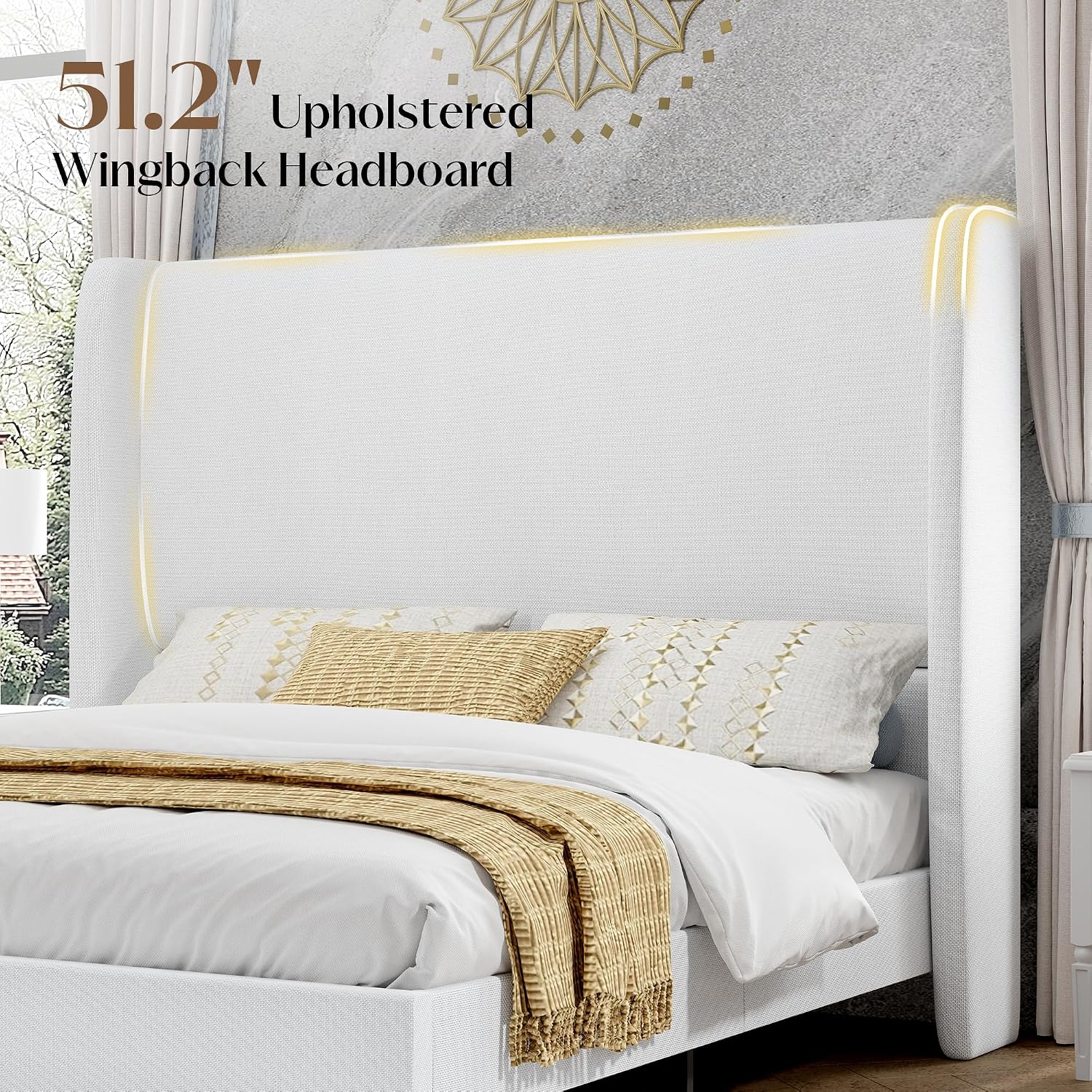 PaPaJet Full Size Bed Frame with 51.2' Wingback Headboard,Line Upholstered Platform Bed,Solid Wood Legs,No Box Spring Needed,Noise-Free&Easy Assembly,for Teen Girls, Dorm, Small Bedroom,White