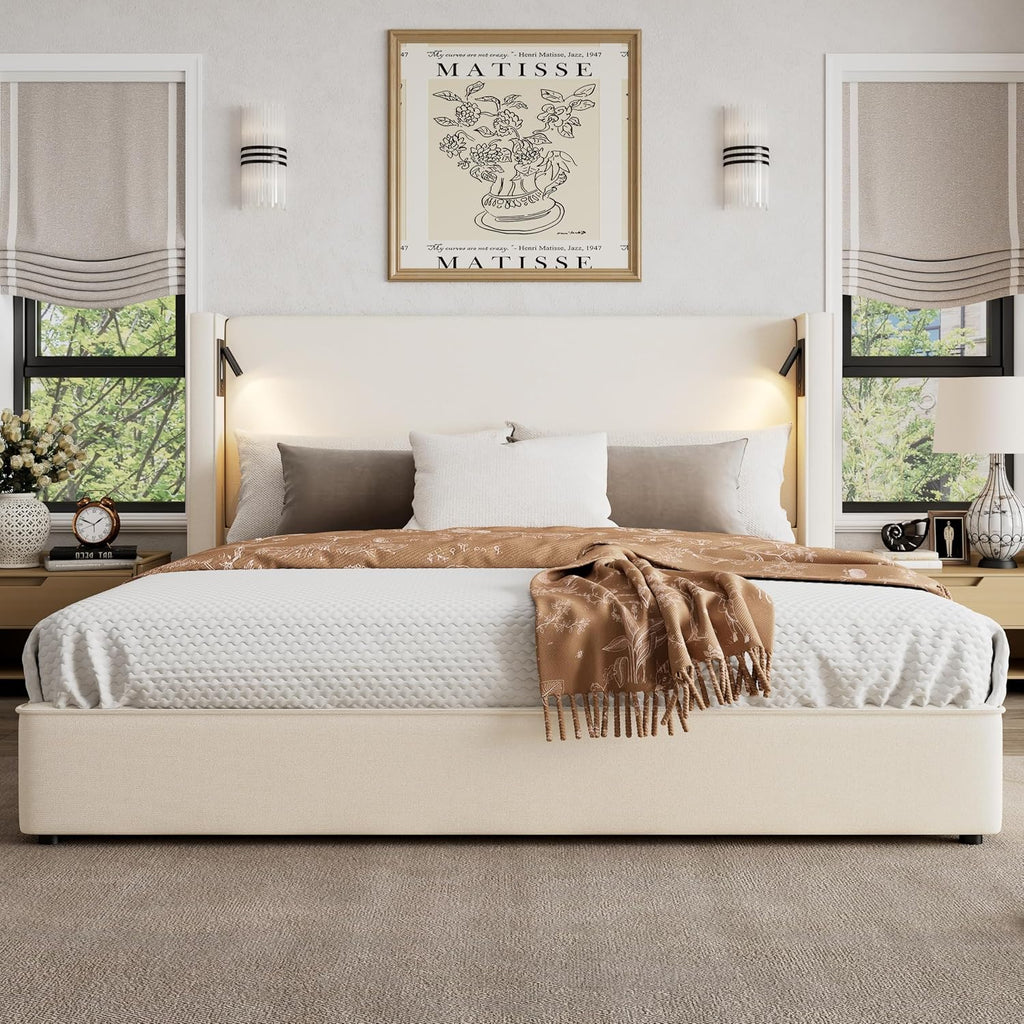 Christopher Knight Home Hazel 45.70'H California King Bed Frames, Linen Upholstered Cal King Bed Frame, Slats Panel Support, No Spring Box Needed, Wingback Headboard with Reading Lamps and USB, Beige