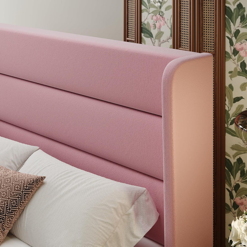 SHA CERLIN Queen Size Velvet Bed Frame with Wingback Headboard/Upholstered Platform Bed with Wooden Slats/Mattress Foundation/No Box Spring Needed/Easy Assembly/Pink