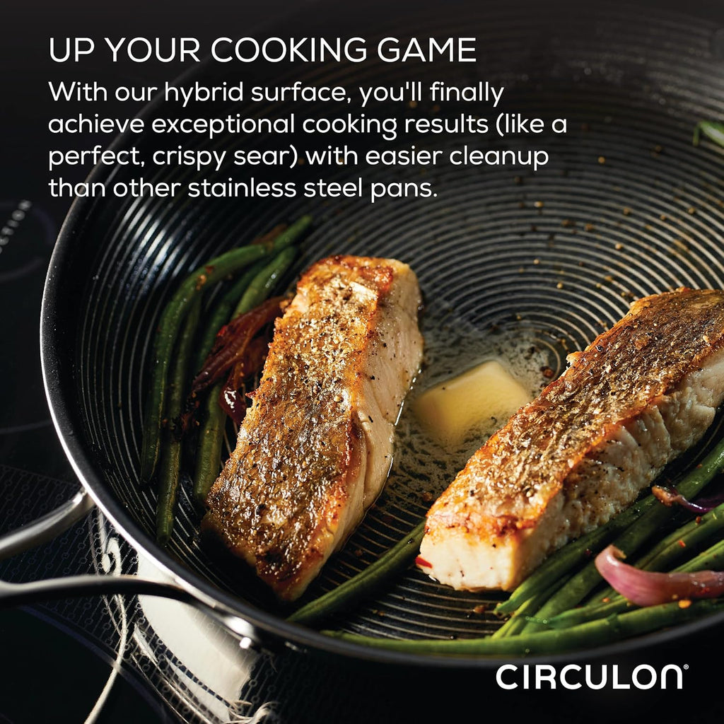 Circulon Clad Stainless Steel Induction Frying Pan and Wok Set with Hybrid SteelShield and Nonstick Technology, 4 Piece - Stainless Steel