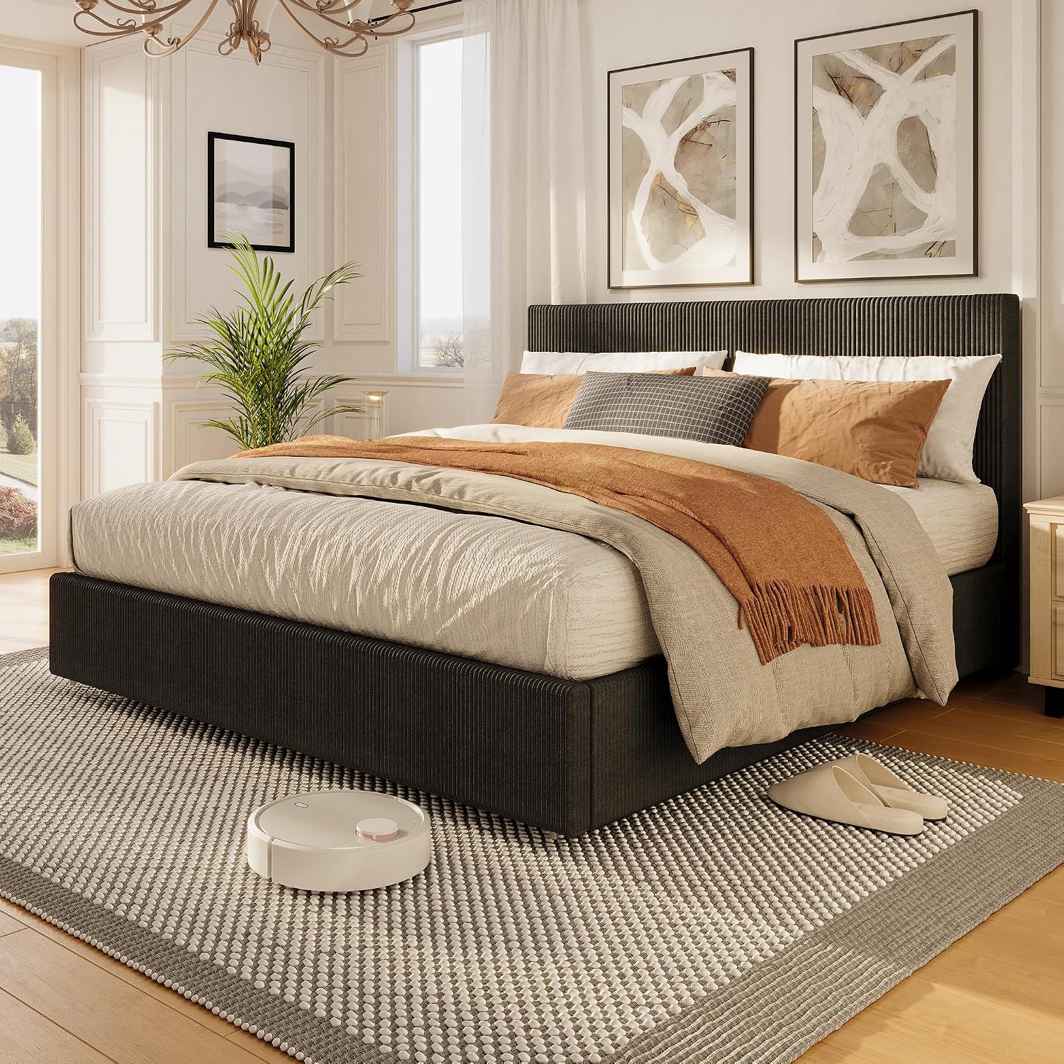 IDEALHOUSE King Size Bed Frame with Tufted Wingback Headboard, Platform Corduroy Upholstered Bed Frame with 4 Storage Drawers and Wooden Slats Support, No Box Spring Needed, Black