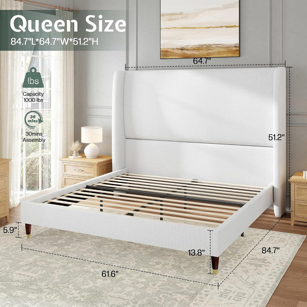 Jocisland Queen Size Bed Frame 51.2' Wingback Headboard Linen Upholstered Platform Bed with Solid Wood Legs & Wooden Slats, No Box Spring Needed, Modern Minimalist Style, Easy Assembly, White