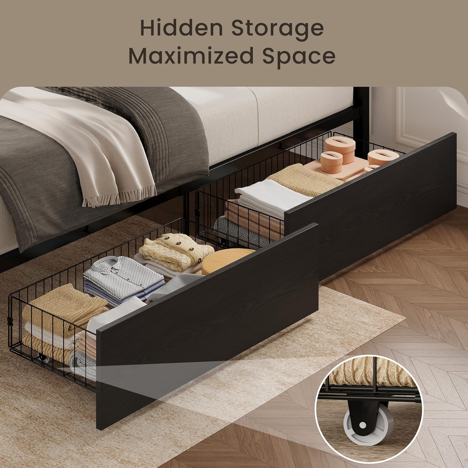 LIKIMIO Twin Bed Frames with 2 Storage Drawers, Charging Station and LED Lights, Platform Twin Bed with Headboard, Strong Metal Slats, No Box Spring Needed, Easy Assembly, Noise-Free, Black