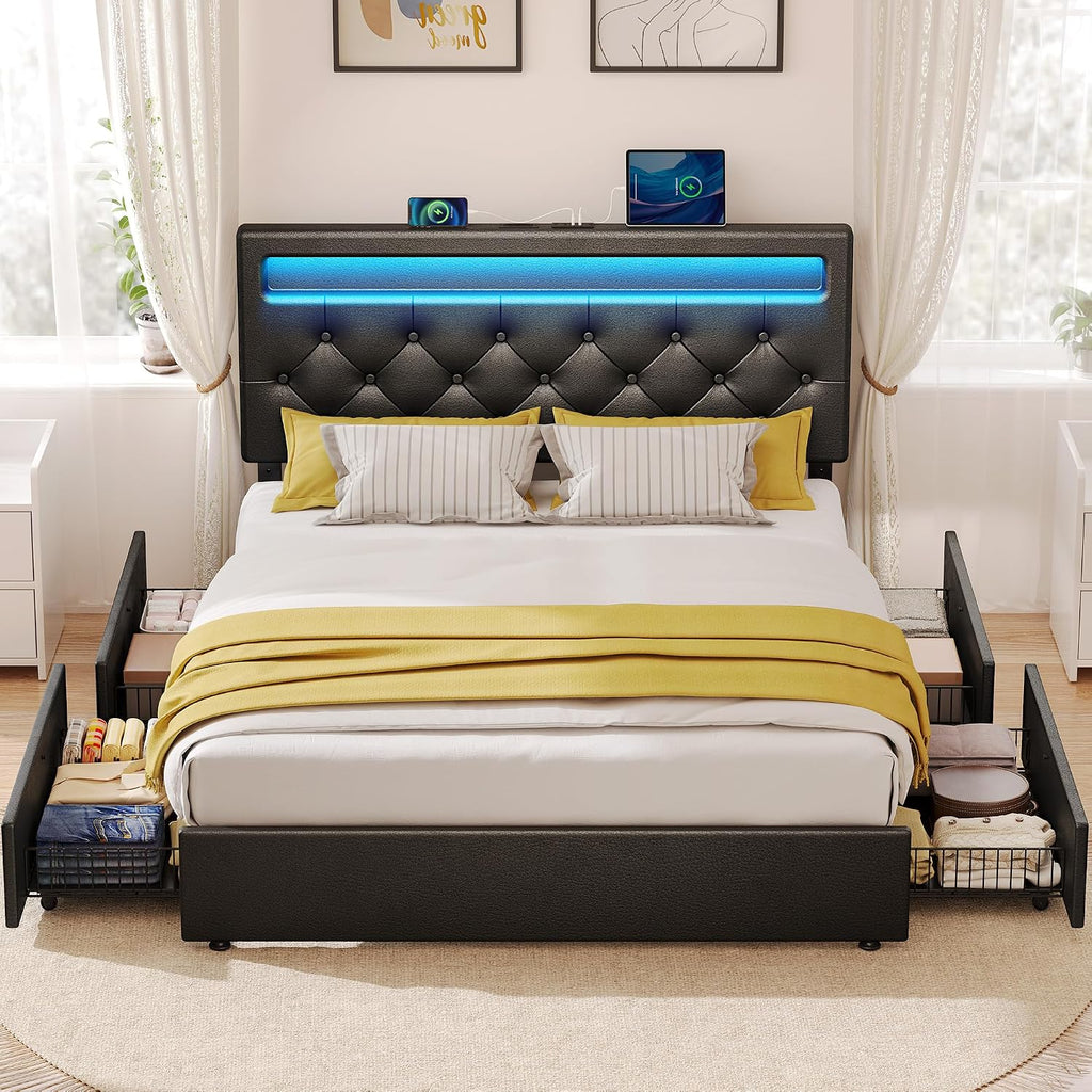 Rolanstar Queen Bed Frame with 4 Storage Drawers and Charging Station, Queen Bed with Led Lights, 2 USB & 1 Type C, Adjustable Headboard 38.9/40.8 Inches, No Box Spring Needed, Black