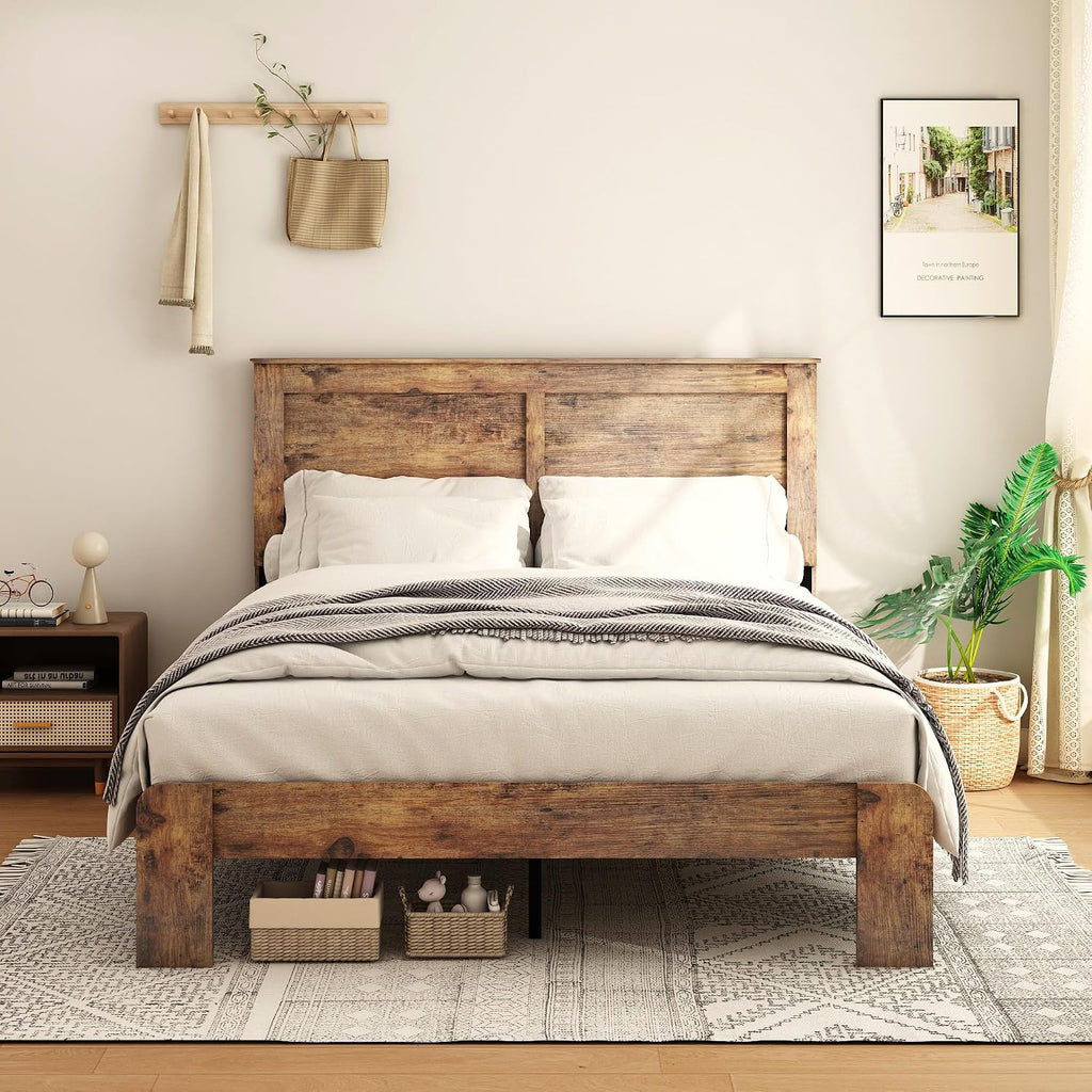 Bellemave Rustic Vintage Full Size Bed Frame with Headboard,Wooden Platform Bed Frame Full Size with Wood Slats,Easy Assembly,Dark Brown