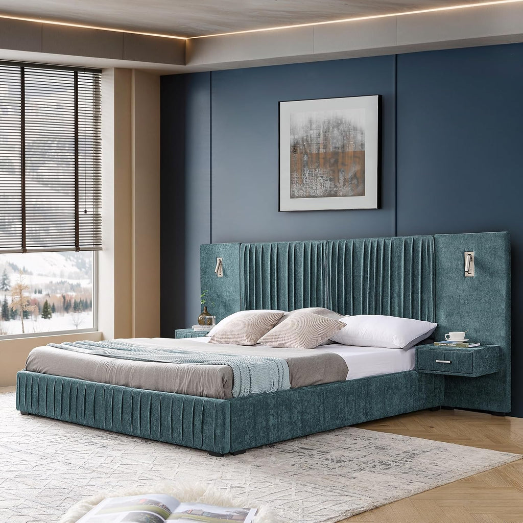 Upholstered Platform Bed with Built-in Nightstands, King Size Bed Frame with Chenille Headboard and Adjustable Lighting, No Box Spring Required, Space-Saving Bedroom Combo (Blue-Green)