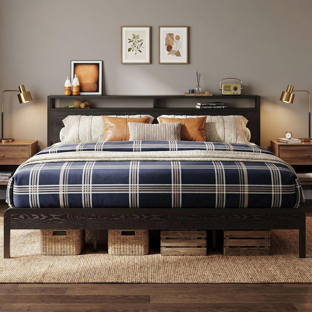 LIKIMIO King Bed Frame with Headboard, Dark Wood Camas King with Strong Supports, Sturdy, Noise-Free, No Box Spring Needed, Black
