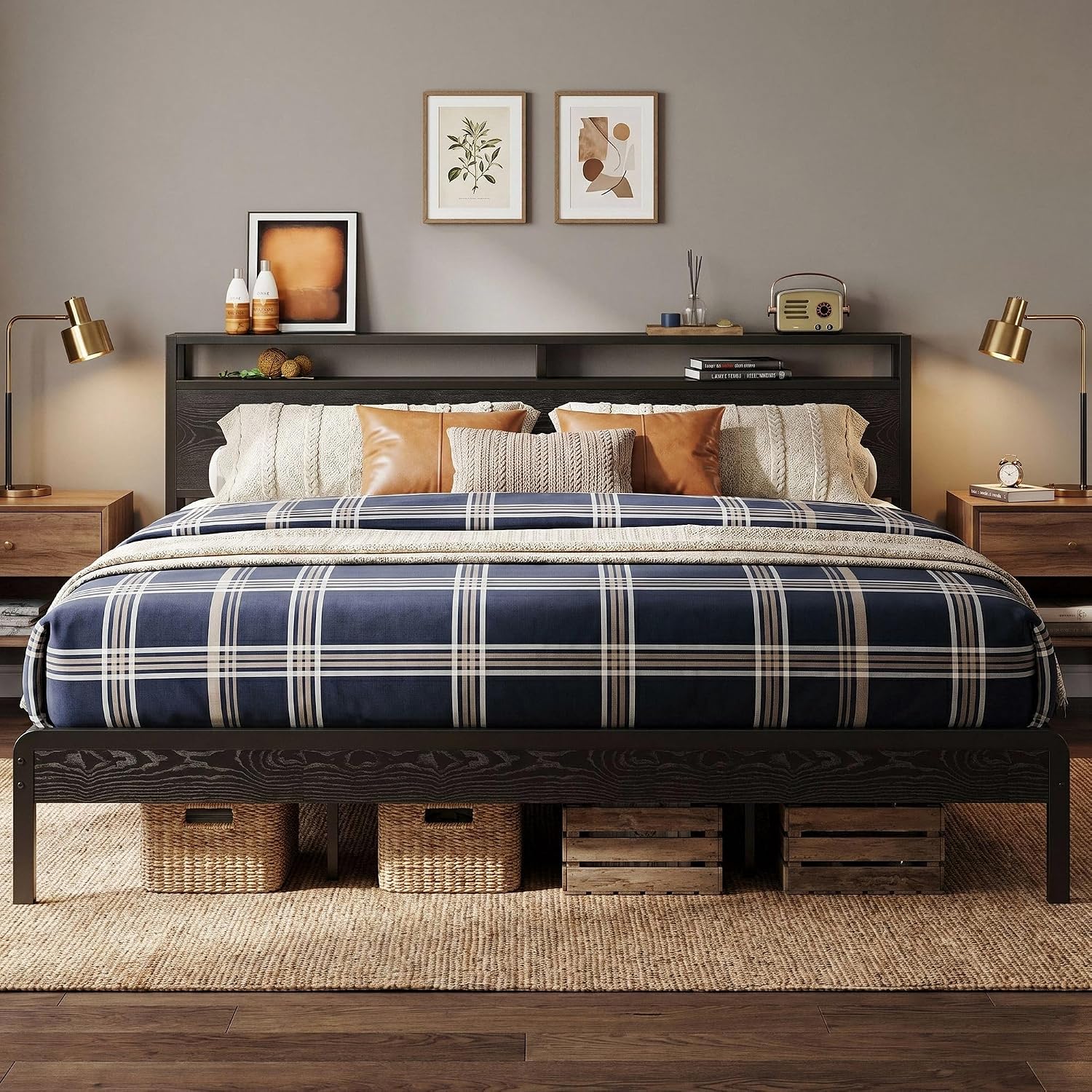 LIKIMIO King Bed Frame with Headboard, Dark Wood Camas King with Strong Supports, Sturdy, Noise-Free, No Box Spring Needed, Black