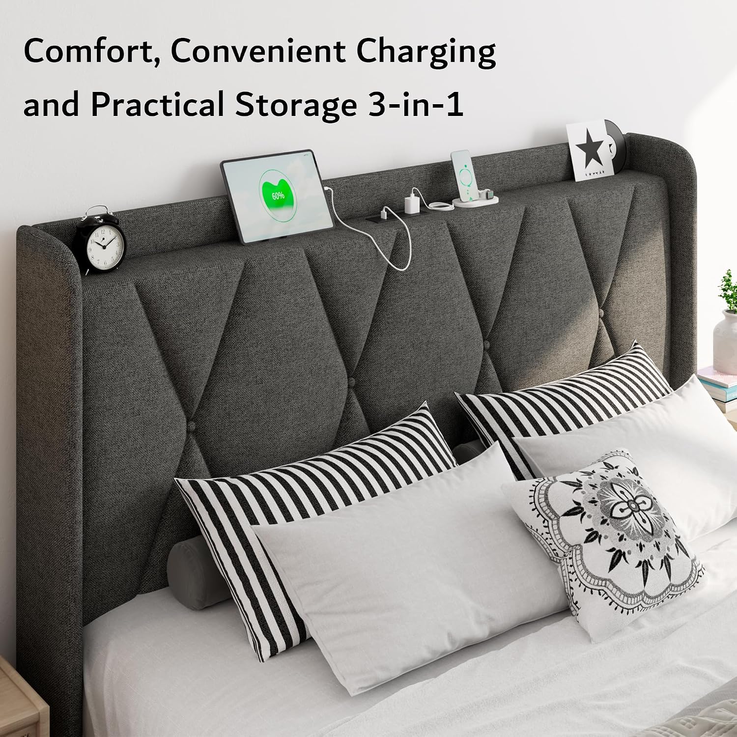 iPormis Full Size Bed Frame with 4 Storage Drawers, Upholstered Platform Bed Frame with Charging Station, Modern Wingback Storage Headboard, Easy Assembly, Dark Grey