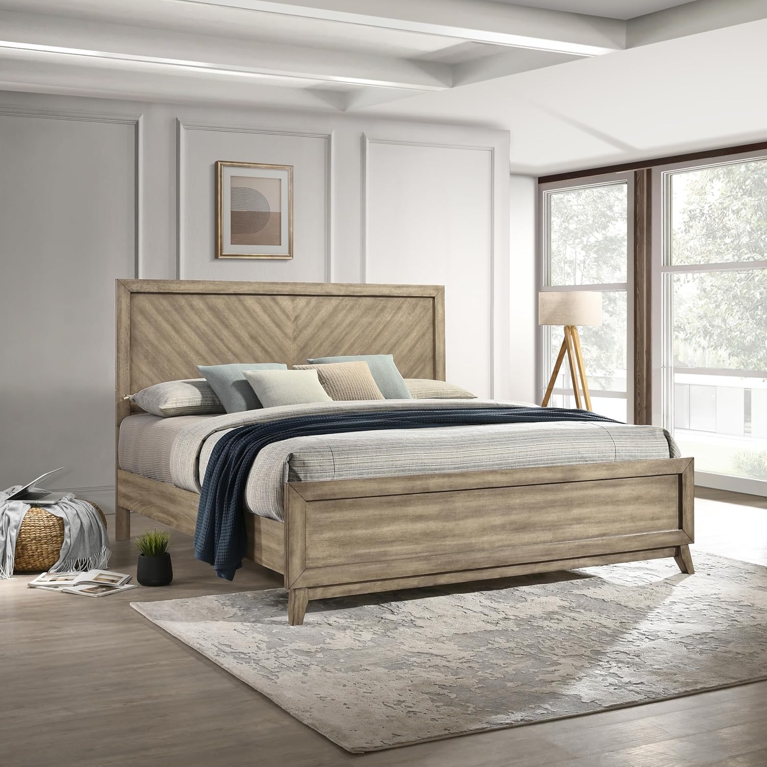 Roundhill Furniture Arena 3-Piece Contemporary Wood Bedroom Set: Panel Bed and 2 Nightstands in Weathered Sand, Queen