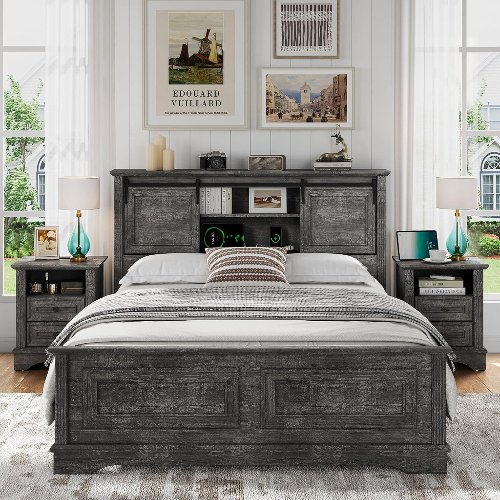 BLANKSPACE Queen Size Bed Frame with Storage Headboard, Charging Station, Farmhouse Bed Frame with Wood Bookcase and Sliding Barn Doors, Noiseless,No Box Spring Needed (Grey)