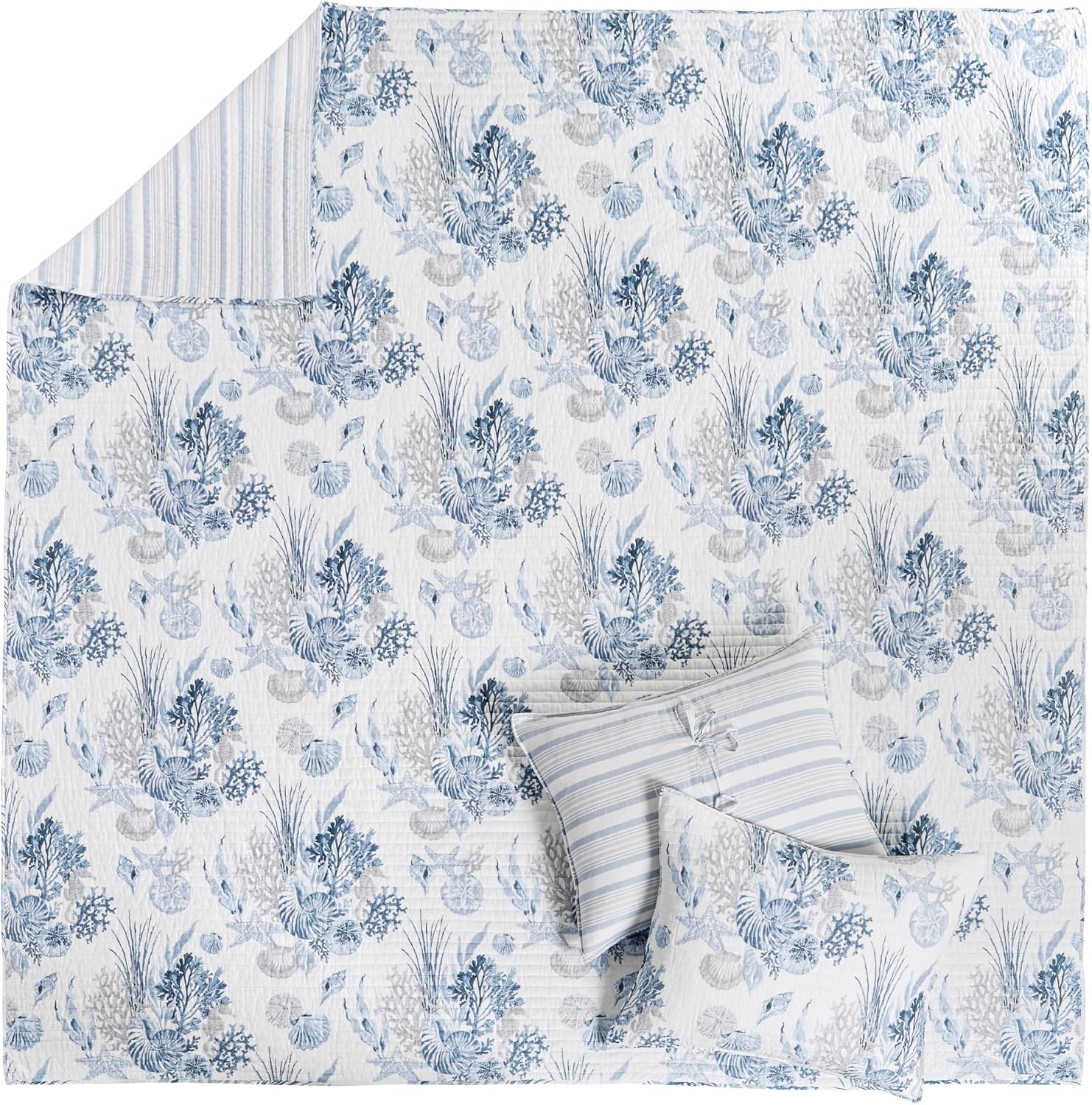 Levtex Home - Coral Landing Quilt Set - Full/Queen Quilt and Two Standard Shams - Coastal - Navy Blue Grey White - Quilt (88x92in.) and Shams (20x26in.) - Reversible - Cotton